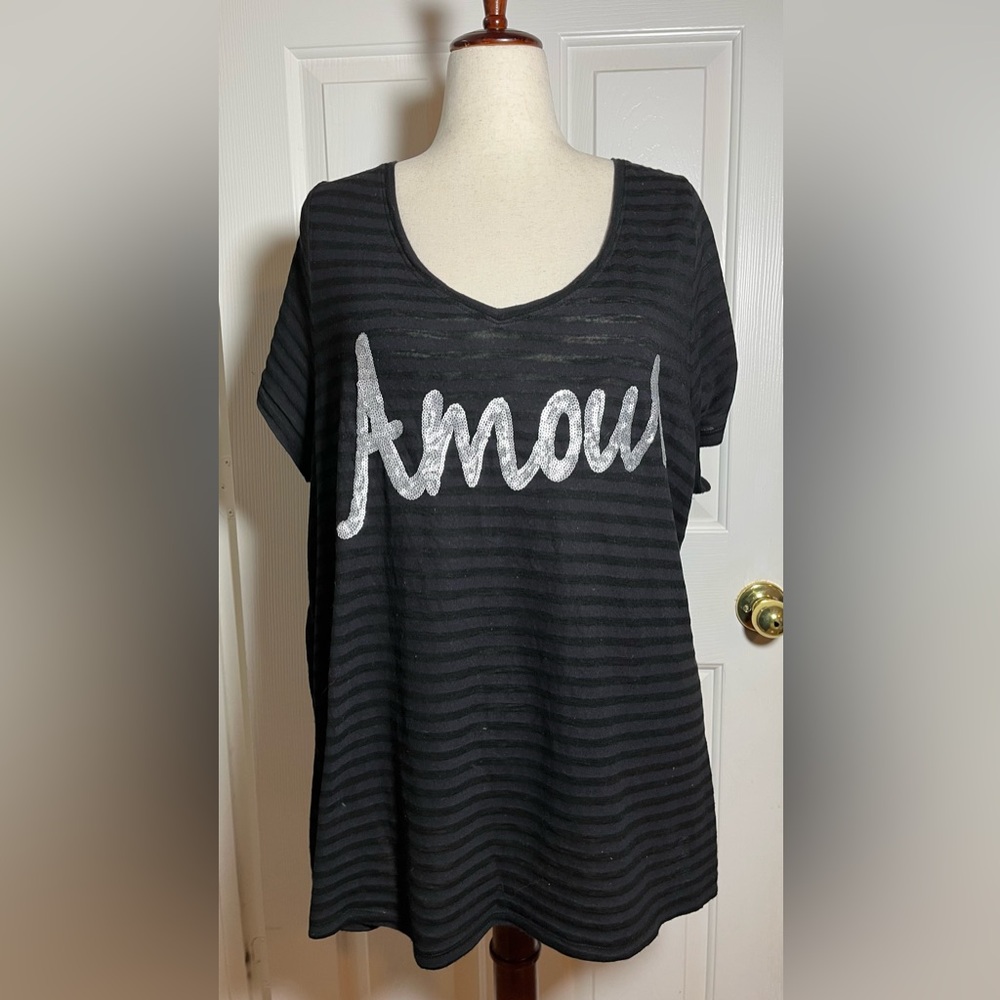 Lane Bryant Women’s Black Striped Tee with Silver Sequence “Amour”
